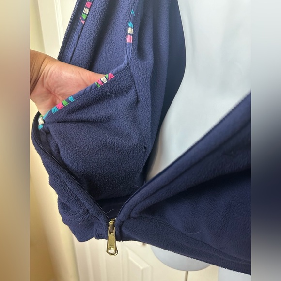 LILLY PULITZER Fleece Jacket Coat Navy Blue Pink Palm Tree Pockets Elbow Patch - Picture 8 of 16